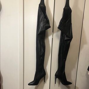 Black thigh high stretch boots with belt loops Women's Boots